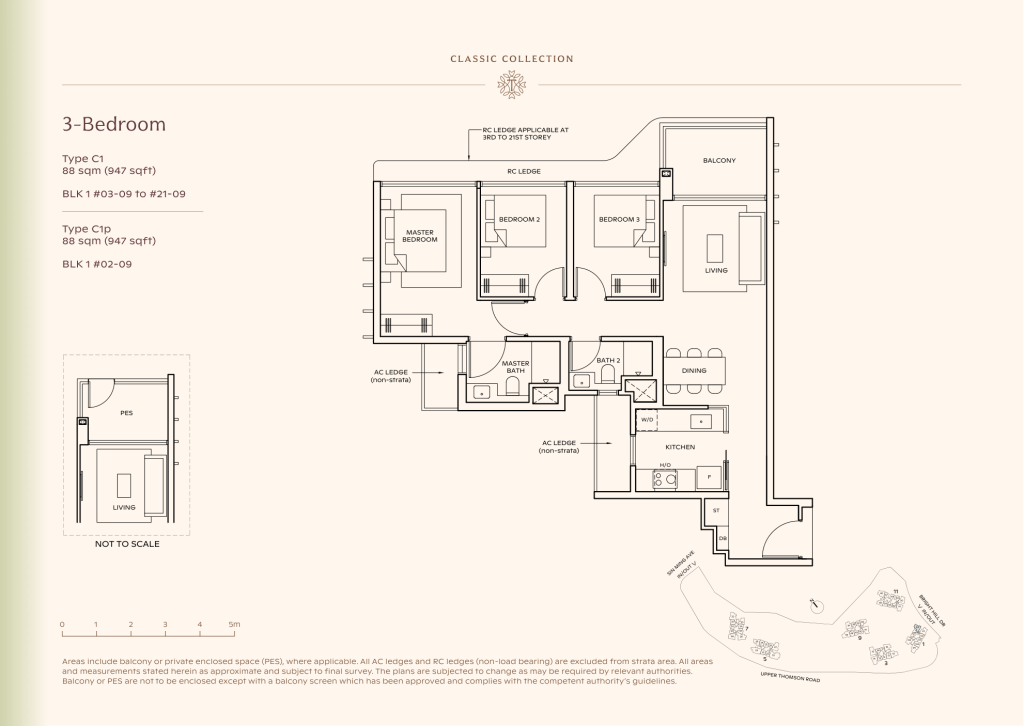 Thomson Reserve floor plan type C1, the 947 sqft 3-bedroom with all 3 rooms on one frontage