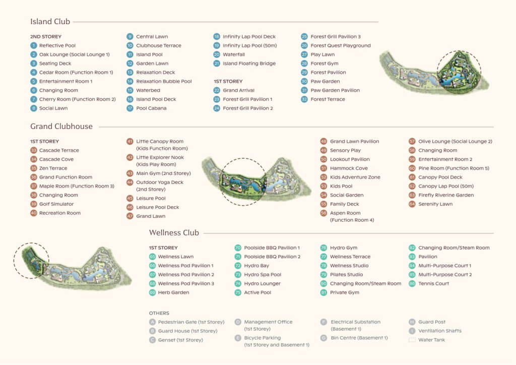 Thomson Reserve facilities plan, 86 named items across the Island Club, Grand Clubhouse and Wellness Club